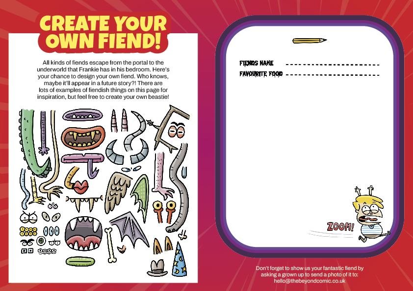 Create Your Own Fiend competition spread from Issue 2 of The Beyond Comic, showing a build-a-monster page of mix-and-match fiend body parts and a design sheet for filling in a fiend's name and favourite food
